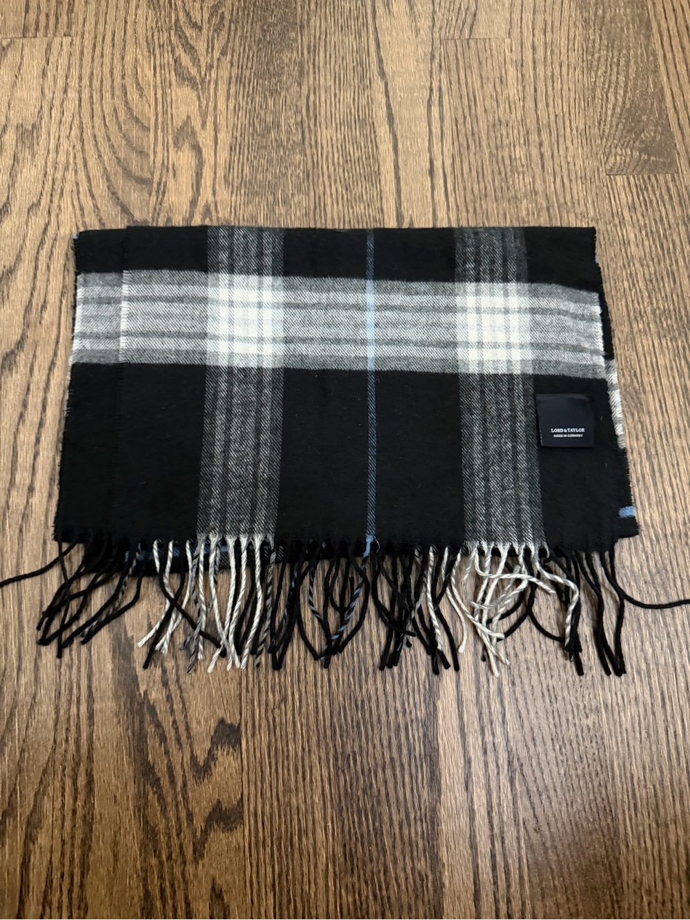 Lord & Taylor Black and Gray Plaid Fringe Scarf